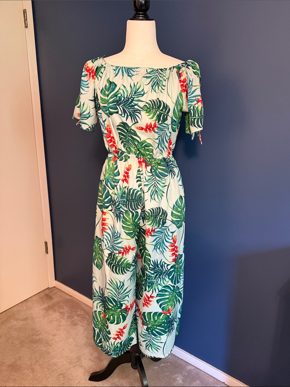 Tropical Green Leaf Off-Shoulder Jumpsuit